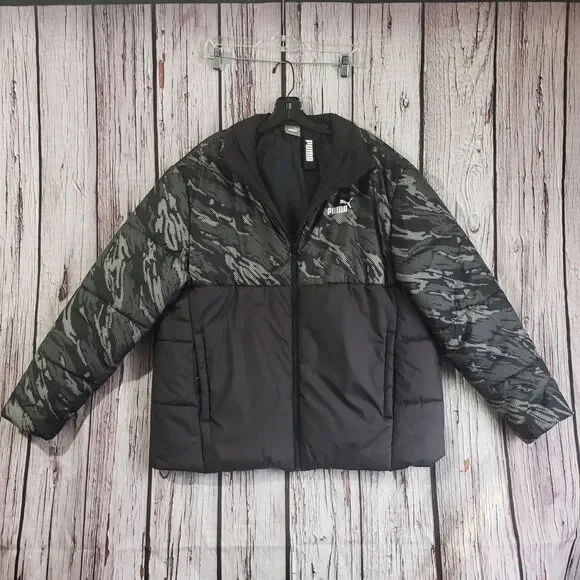 PUMA XL Puffy Jacket Full Zip Mens Black Camouflage Military Water Resistant - Picture 2 of 5